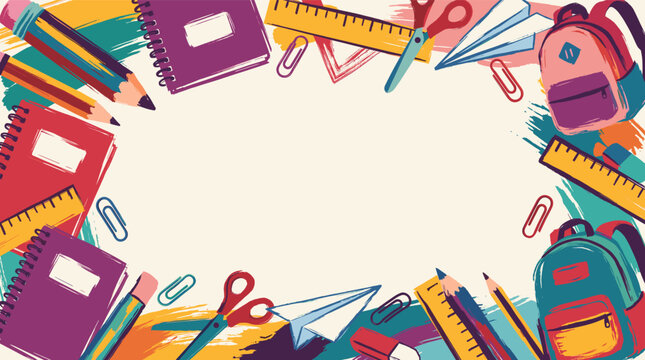 School gear featuring backpacks, scissors, paper planes, and notebooks provides a playful frame.