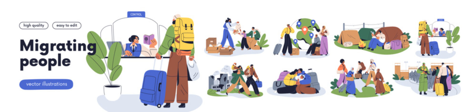 People migrating set. Choosing country for moving, passing control, waiting at border. Migrants get help or refugee asylum. Migration concept. Flat vector illustrations isolated on white background