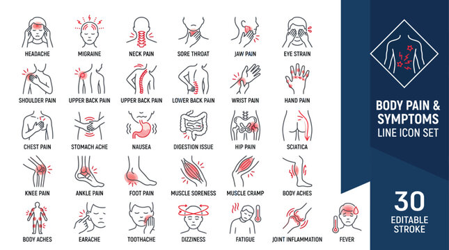 Body Pain & Symptoms Line Icons Set &ndash; 30 Editable Stroke Vector