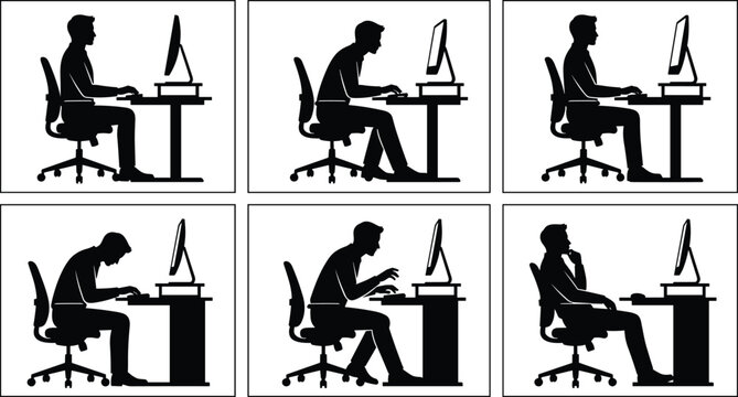 Ergonomics and correct sitting posture silhouette vector set showing good and bad office desk body positions isolated on white background