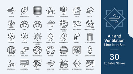 Naklejka premium Air and Ventilation Line Icons Set – 30 Editable Stroke Vector