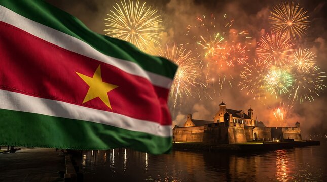 Waving Suriname flag with festive fireworks illuminating historical Fort Zeelandia over water at night