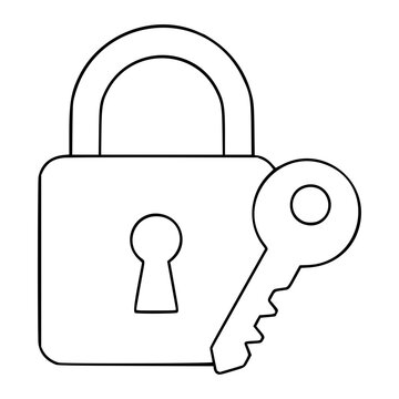 Hand-traced vector icon illustration of a classic padlock with matching key, featuring clean minimalist line art style perfect for security, privacy, and protection themed graphic design projects