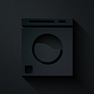 Paper cut Washer icon isolated on black background. Washing machine icon. Clothes washer - laundry machine. Home appliance symbol. Paper art style. Vector