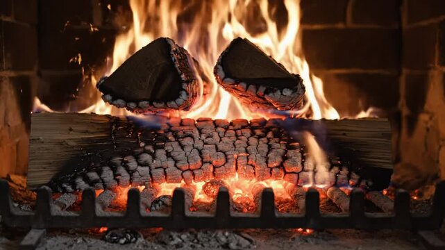 Cozy fireplace with burning wood logs, flames, and ember glow, creating a warm, inviting atmosphere