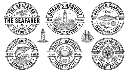 Seafood Restaurant Logos: Nautical, Vintage, and Emblem Style © Dedas