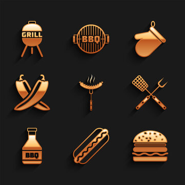 Set Sausage on the fork, Hotdog sandwich, Burger, Crossed spatula, Ketchup bottle, hot chili pepper pod, Oven glove and Barbecue grill icon. Vector