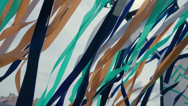 Orange, green, blue, and white fabric ribbons hang and flutter beneath an outdoor frame against a bright cloudy sky, creating a lively festive pattern