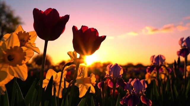 Springtime flower field with red tulips, daffodils, and irises bathed in golden sunset light and warm colors