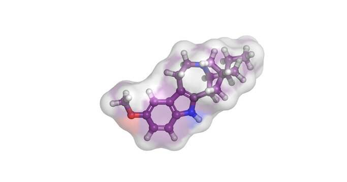 Ibogaine, psychoactive indole alkaloid for addiction therapy and neuroscience research, 3D molecule 4K