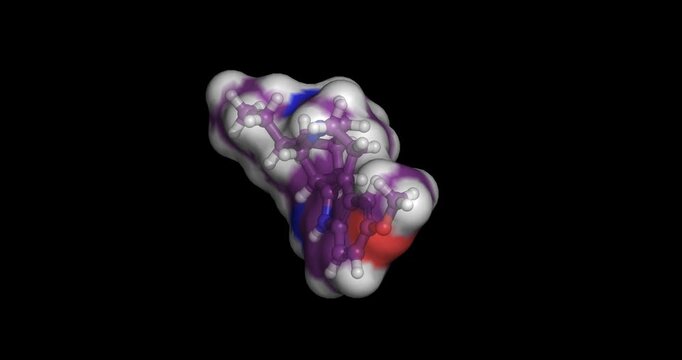 Ibogaine, psychoactive indole alkaloid for addiction therapy and neuroscience research, 3D molecule spinning, 4K