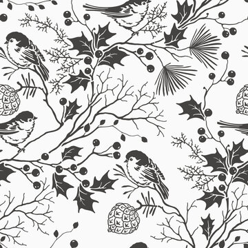 Christmas seamless floral pattern with silhouettes cute birds, branches, holly and cones. Holiday illustration for textile, repeat background or wrapping paper.