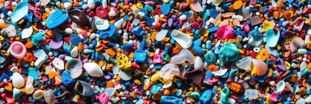 Colorful closeup of scattered microplastic fragments and beads for microplastics awareness month educational poster and texture background about plastic pollution