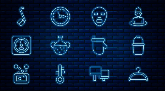 Set line Hanger wardrobe, Sauna bucket, Facial cosmetic mask, Essential oil bottle, thermometer, ladle, mittens and clock icon. Vector