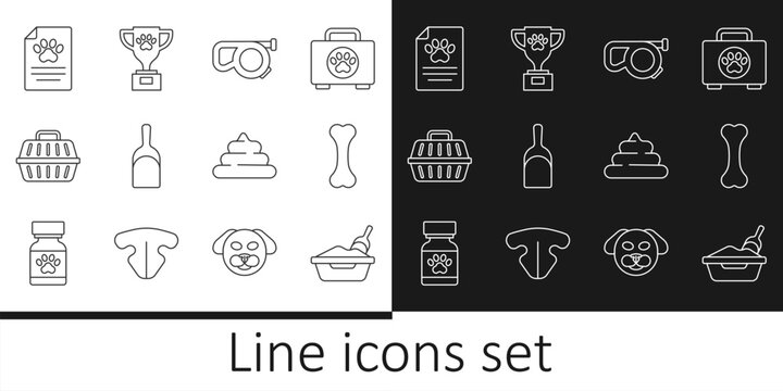 Set line Cat litter tray with shovel, Dog bone, Retractable cord leash, Dustpan, Pet carry case, Clinical record pet, Shit and award icon. Vector