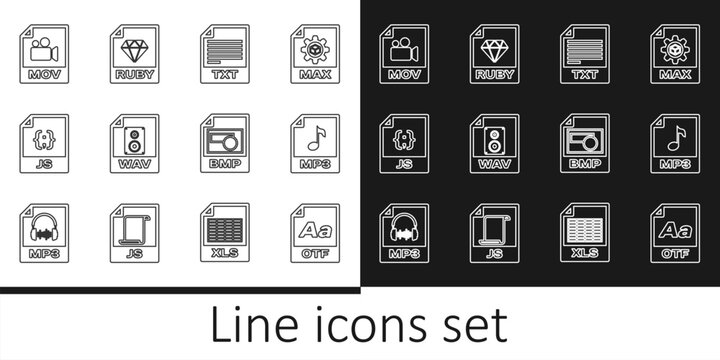 Set line OTF file document, MP3, TXT, WAV, JS, MOV, BMP and RUBY icon. Vector
