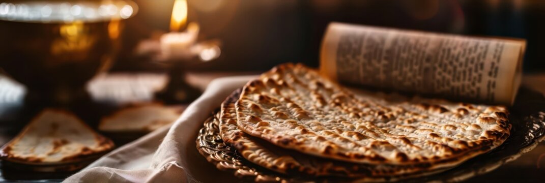 Traditional matzah and candle arrangement for yom kippur background and holiday table banner for ceremonial gatherings