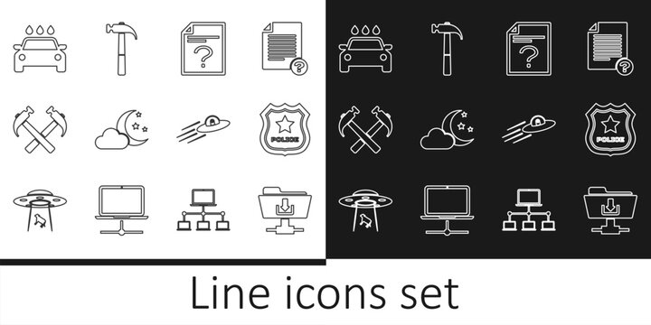 Set line FTP folder download, Police badge, Unknown document, Cloud with moon and stars, Two crossed hammers, Car wash, UFO flying spaceship alien and Hammer icon. Vector