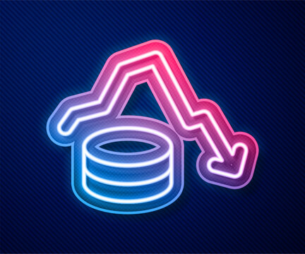 Glowing neon line Dollar rate decrease icon isolated on blue background. Cost reduction. Money symbol with down arrow. Business lost crisis decrease. Vector