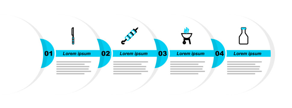 Set line Ketchup bottle, Barbecue grill, Grilled shish kebab and knife icon. Vector