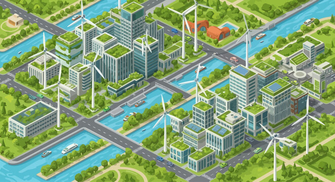 Sustainable eco-city landscape with renewable energy sources like wind turbines and green rooftops, illustrating urban planning and environmental consciousness