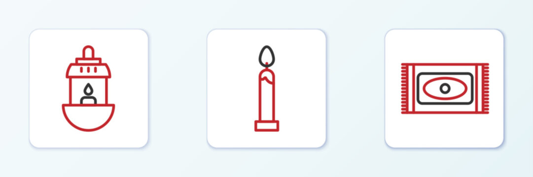 Set line Traditional carpet, Ramadan Kareem lantern and Burning candle icon. Vector