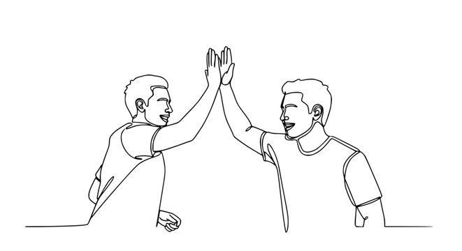 Two men giving high five, continuous line drawing, celebration, teamwork, success, friendship