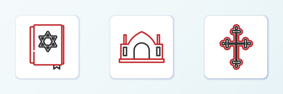 Set line Christian cross, Jewish torah book and Hindu spiritual temple icon. Vector