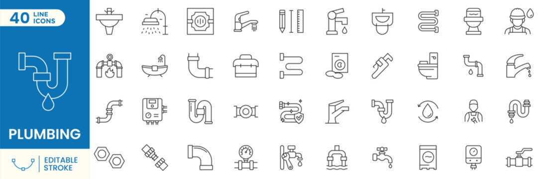 Plumbing line icons set, pipes, water system, drainage, maintenance, repair service, and plumbing equipment. Editable stroke
