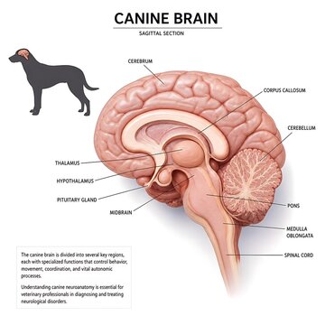 Diagram of a canine brain with labeled parts and a dog illustration, education