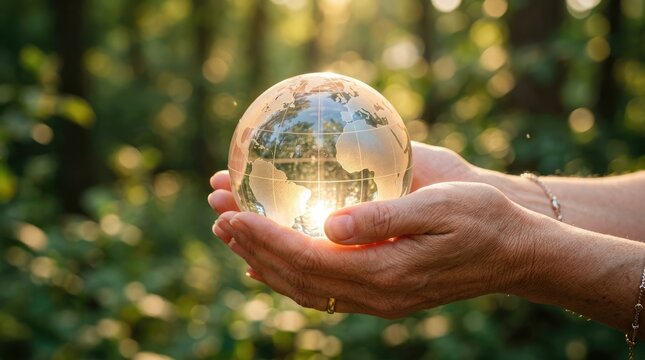 Mature female hands gently holding a transparent glass earth globe in a green forest for climate protection