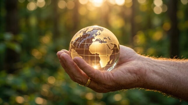 Hand of a senior adult holding a clear glass globe in a sunlit forest for World Ozone Day concept
