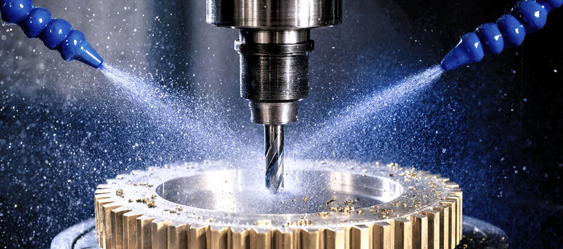 A machine drills into a metal gear with water jets in a manufacturing process