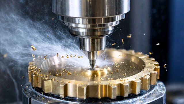 A machine tool is precision machining a large brass gear with a drill bit