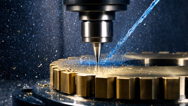A machine cuts a large brass gear with a blue laser beam in a factory setting.