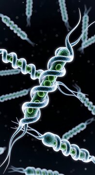 Microscopic 3d render of spiral bacteria with flagella