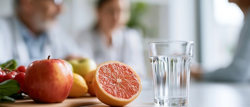 Fresh fruit and a glass of water on a table during a healthcare consultation for an older adult. Concept of hydration, dietary fiber, healthy digestion and nutrition advice for seniors