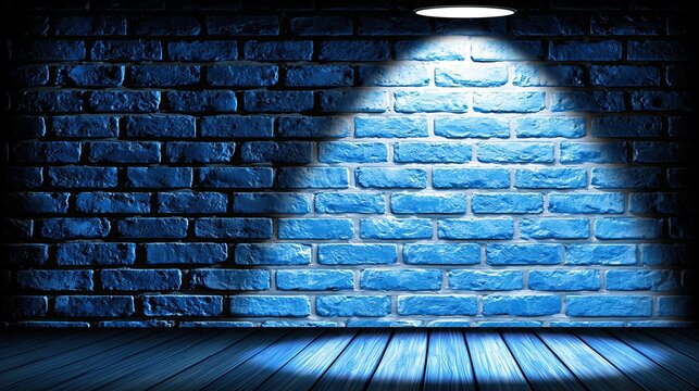 Spotlight focused on painted blue brick wall and matching blue wooden floor in dark empty room creates beautiful moody textured background perfect for product display