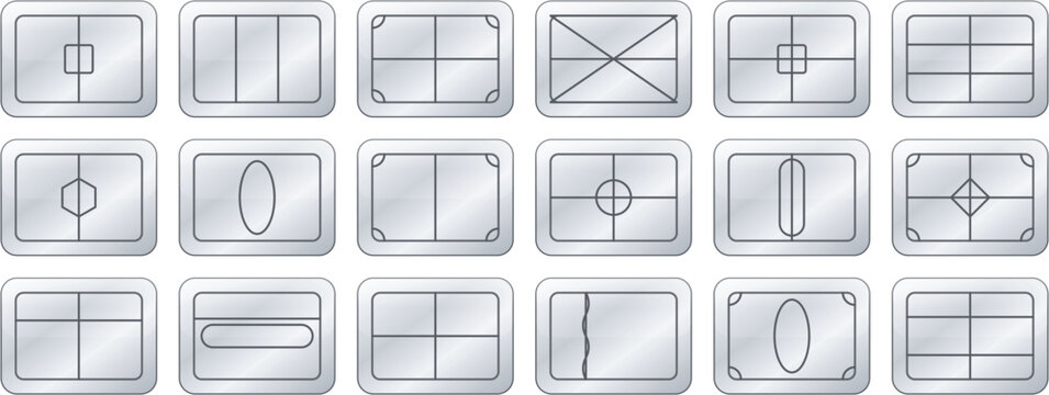 Metallic silver camera viewfinder icons, 18 vector photography focus frames, chrome digital screen interface elements for video production