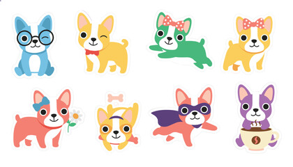 Fototapeta premium Cute cartoon french bulldog puppy stickers in various poses and costumes