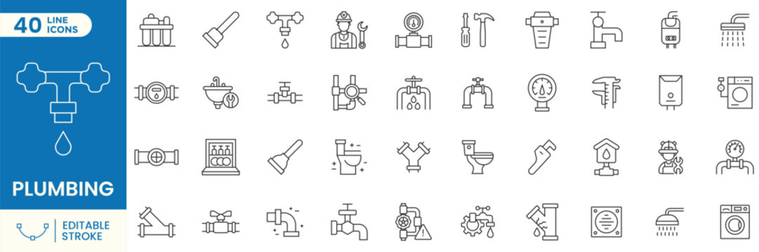 Plumbing line icons set, pipes, water system, drainage, maintenance, repair service, and plumbing equipment. Editable stroke
