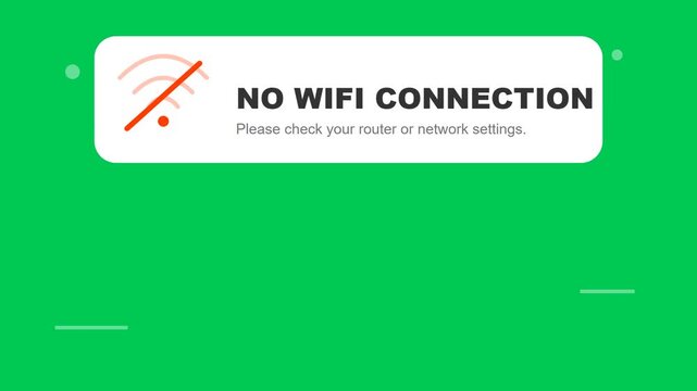 No Wifi Connection Warning Banner with Error Message and Offline Icon on Chroma Key Green Screen