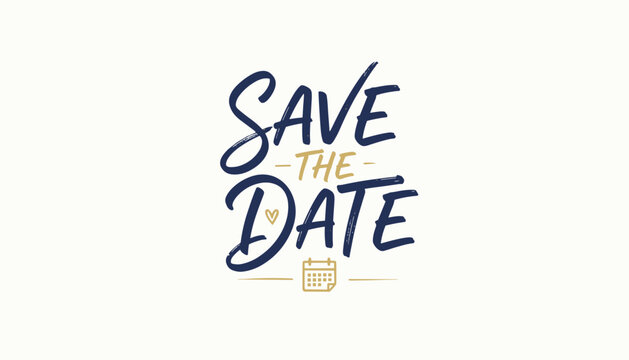 Save the date typography text with a gold heart and calendar icon
