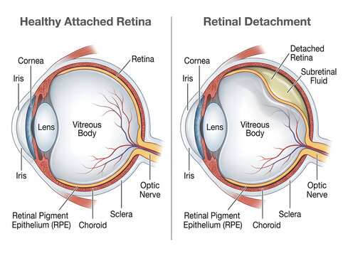 Healthy and detached retina eye diagram comparison isolated on white background