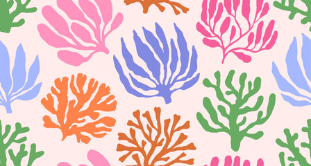 Corals, seaweeds and algae on seamless pattern. Abstract nature repeating print design for textile, wrapping. Endless marine background, texture with sea plants. Printable flat vector illustration © Good Studio