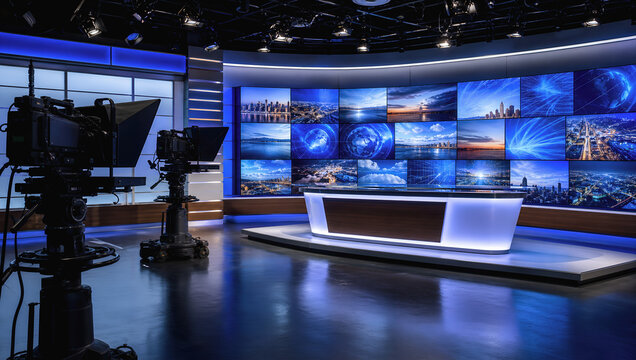 Newsroom studio television camera video production broadcast set news desk digital screens modern studio media technology empty studio