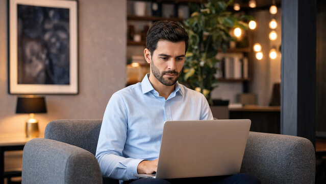 A man sitting in a modern living room working on his laptop