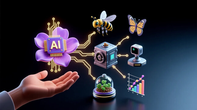 Side view of 3D illustration showing hand holding glowing AI flower representing food security agricultural technology with robotic bee in dark studio