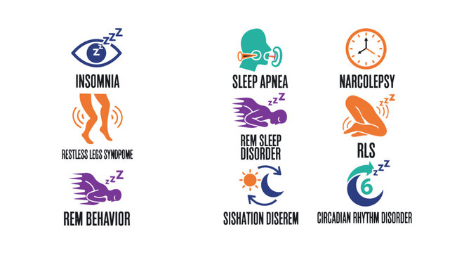 Clean vector graphics depict sleep disorders: insomnia, restless legs syndrome, sleep apnea, narcolepsy, rem sleep disorder, circadian rhythm disorder, using vibrant orange, teal,
