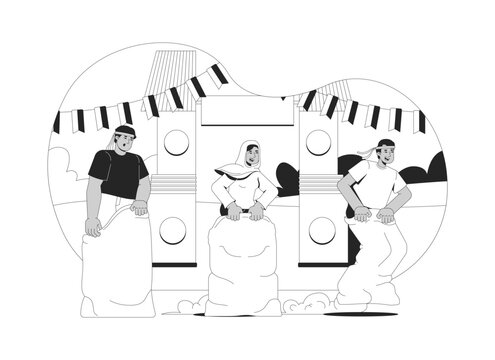 Traditional sack race during Indonesian Independence Day festival flat line illustration. Southeast asian participants hopping 2D outline characters isolated. Black and white cartoon vector image